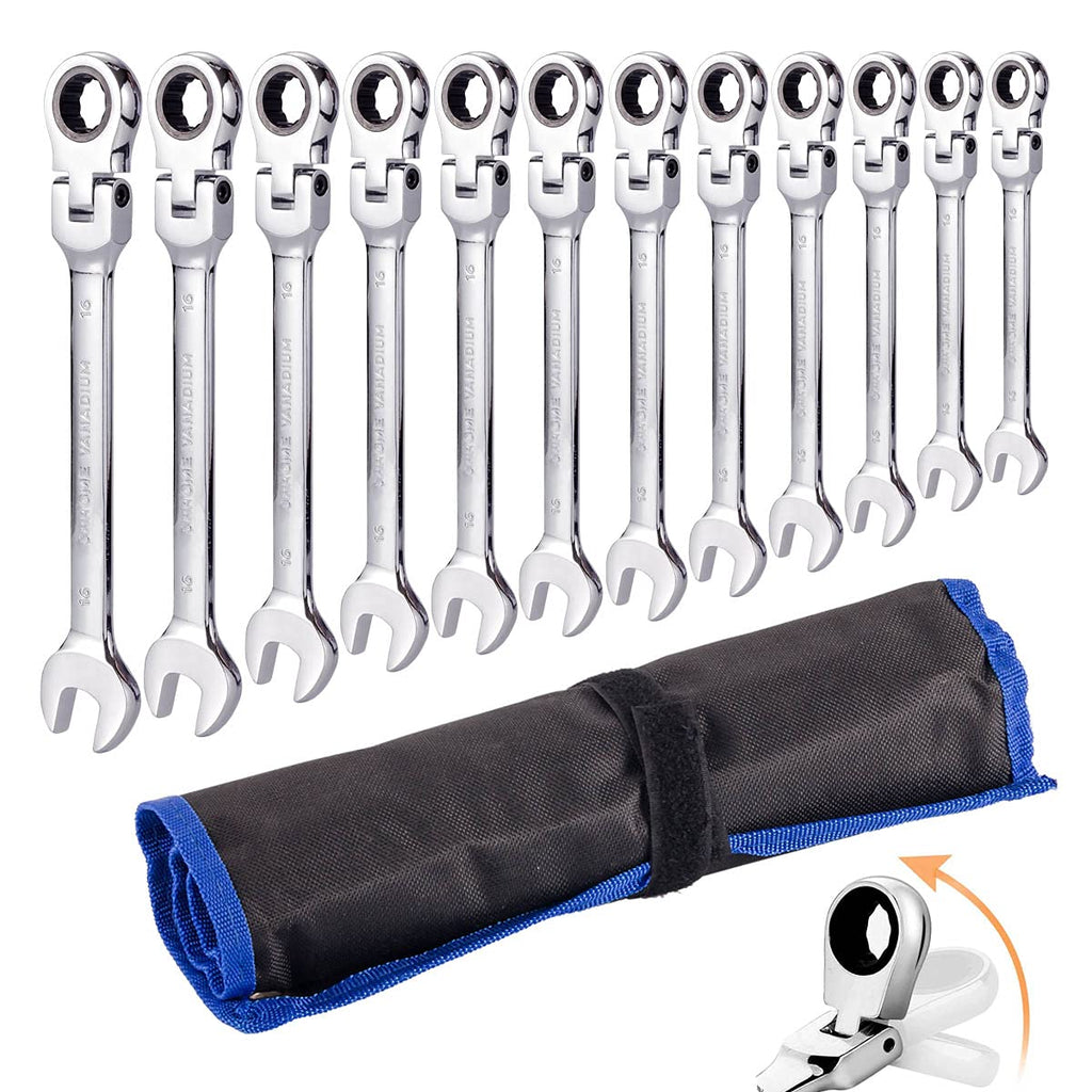 COLORICH Ratschenschlüssel-Set, 12-teilig, metrisch, flexibel, Ringmaulschlüssel mit Zahnring, offenes Ende, flexibler Kopf, Handwerkzeug Satz in Rolltasche, 8–19 mm