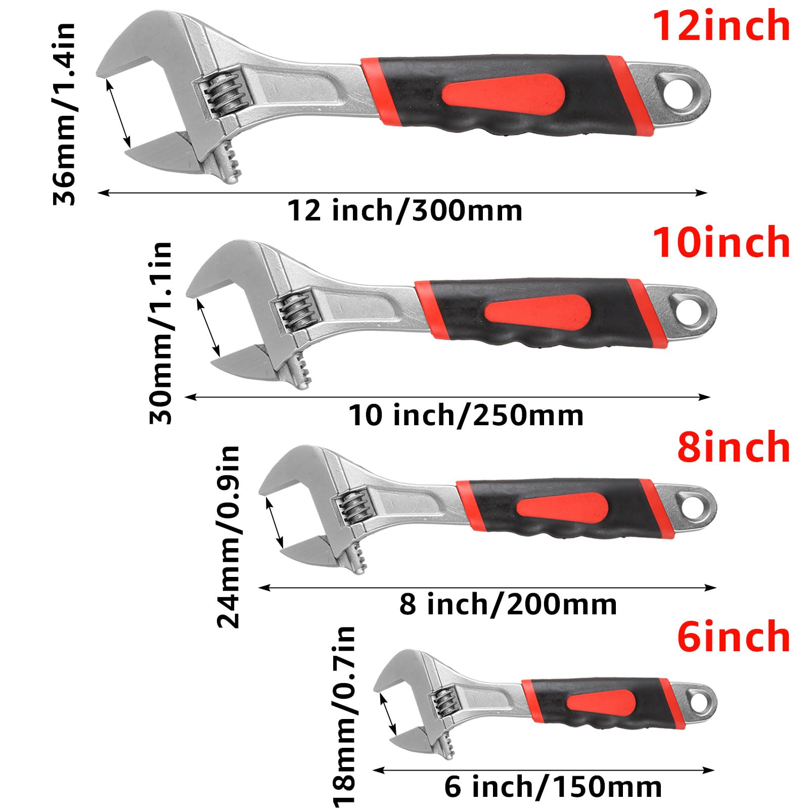 COLORICH 4 Pieces Adjustable Wrench 4 Sizes English Tool Adjustable Wrench Includes 150,200,250,300mm Multifunctional Carbon Steel Gear Lever Moving Wrench