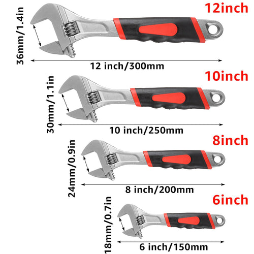 COLORICH 4 Pieces Adjustable Wrench 4 Sizes English Tool Adjustable Wrench Includes 150,200,250,300mm Multifunctional Carbon Steel Gear Lever Moving Wrench