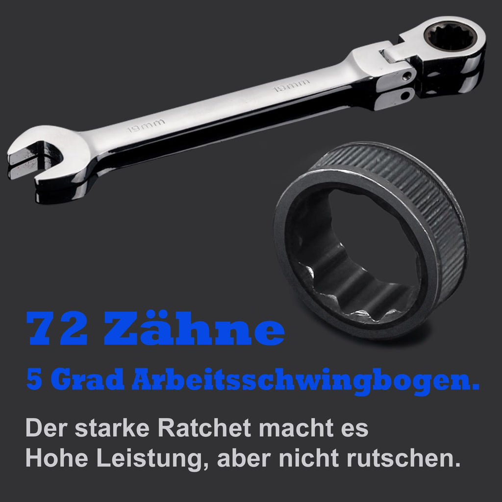 COLORICH Ratschenschlüssel-Set, 12-teilig, metrisch, flexibel, Ringmaulschlüssel mit Zahnring, offenes Ende, flexibler Kopf, Handwerkzeug Satz in Rolltasche, 8–19 mm