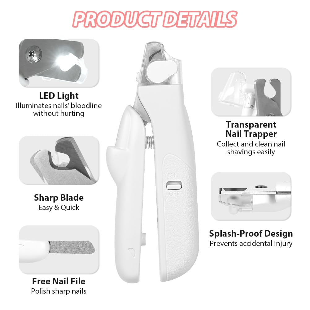 COLORICH Pet Nail Clippers with LED Light, Stainless Steel Nail Clippers with Nail File and Splash-proof Protective Device for Dogs Cats Dog Claw Cutter (White)